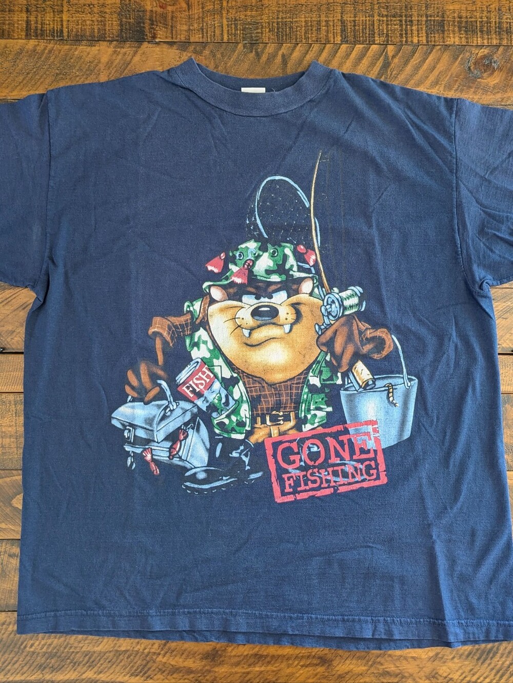 Vintage 1998 Looney Tunes Tasmanian Devil Taz Gone Fishing Blue T-Shirt Men XL